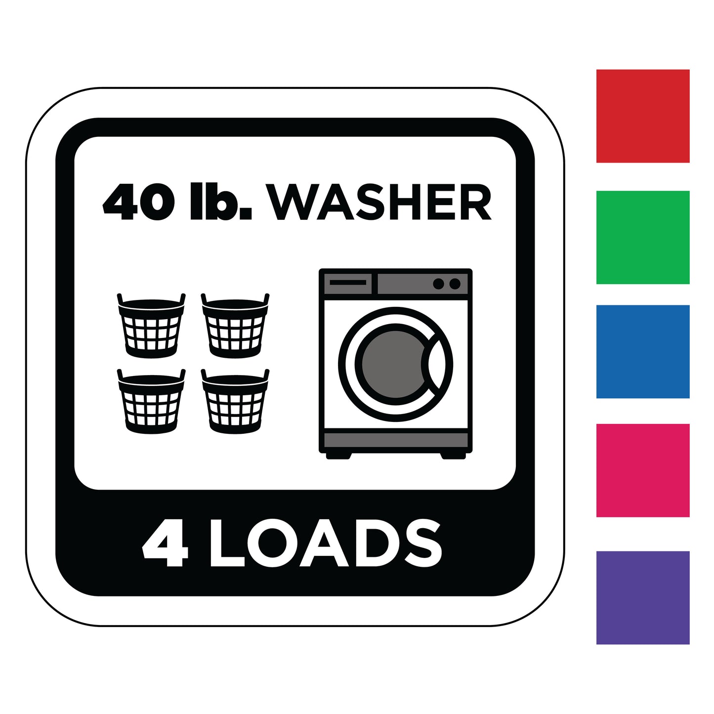 Decal of a 40 lb. washer with icons for laundry baskets and loads, surrounded by color swatches.
