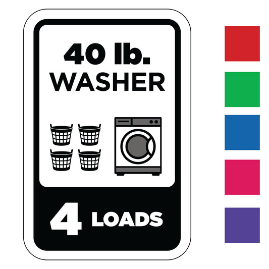 Label indicating a 40 lb. washer capacity with icons for four loads and four baskets, with color swatches on the side.