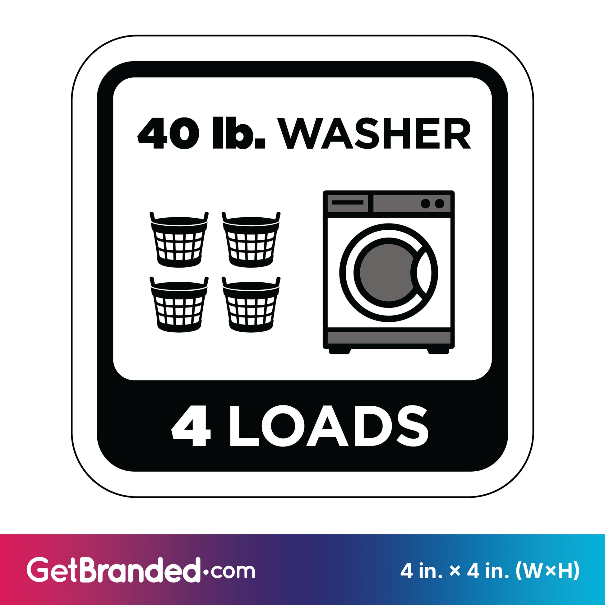 Decal indicating a 40 lb. washer capacity for four loads with black graphics and white background