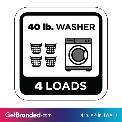 Decal indicating a 40 lb. washer capacity for four loads with black graphics and white background