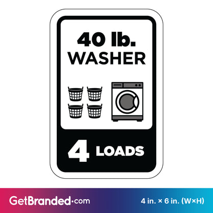 Sign indicating capacity of a 40 lb. washer for 4 loads with black graphics on a white background