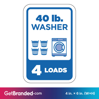Sign indicating capacity of a 40 lb. washer for 4 loads with blue graphics on a white background