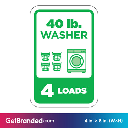 Sign indicating capacity of a 40 lb. washer for 4 loads with green graphics on a white background