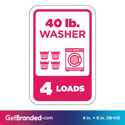 Sign indicating capacity of a 40 lb. washer for 4 loads with magenta graphics on a white background