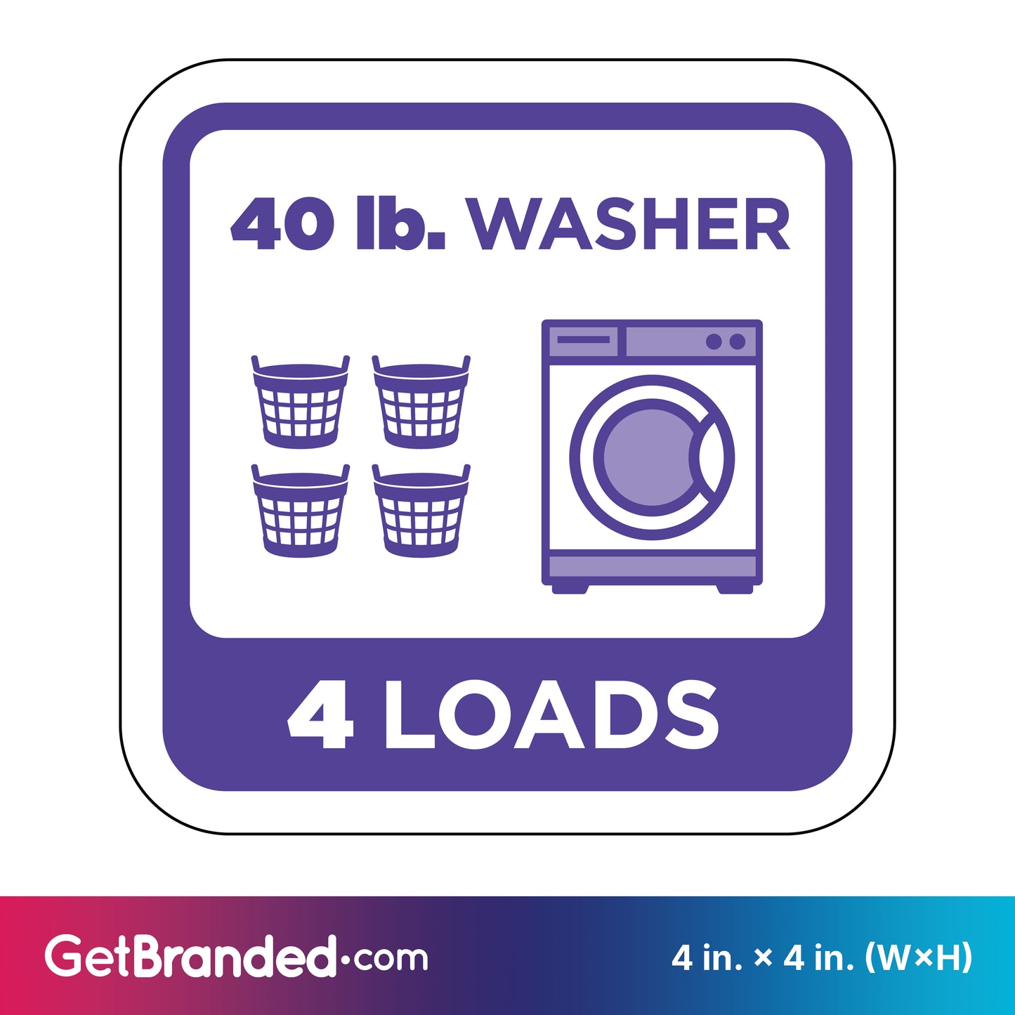 Decal indicating a 40 lb. washer capacity for four loads with purple graphics and white background