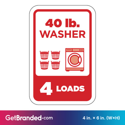 Sign indicating capacity of a 40 lb. washer for 4 loads with red graphics on a white background