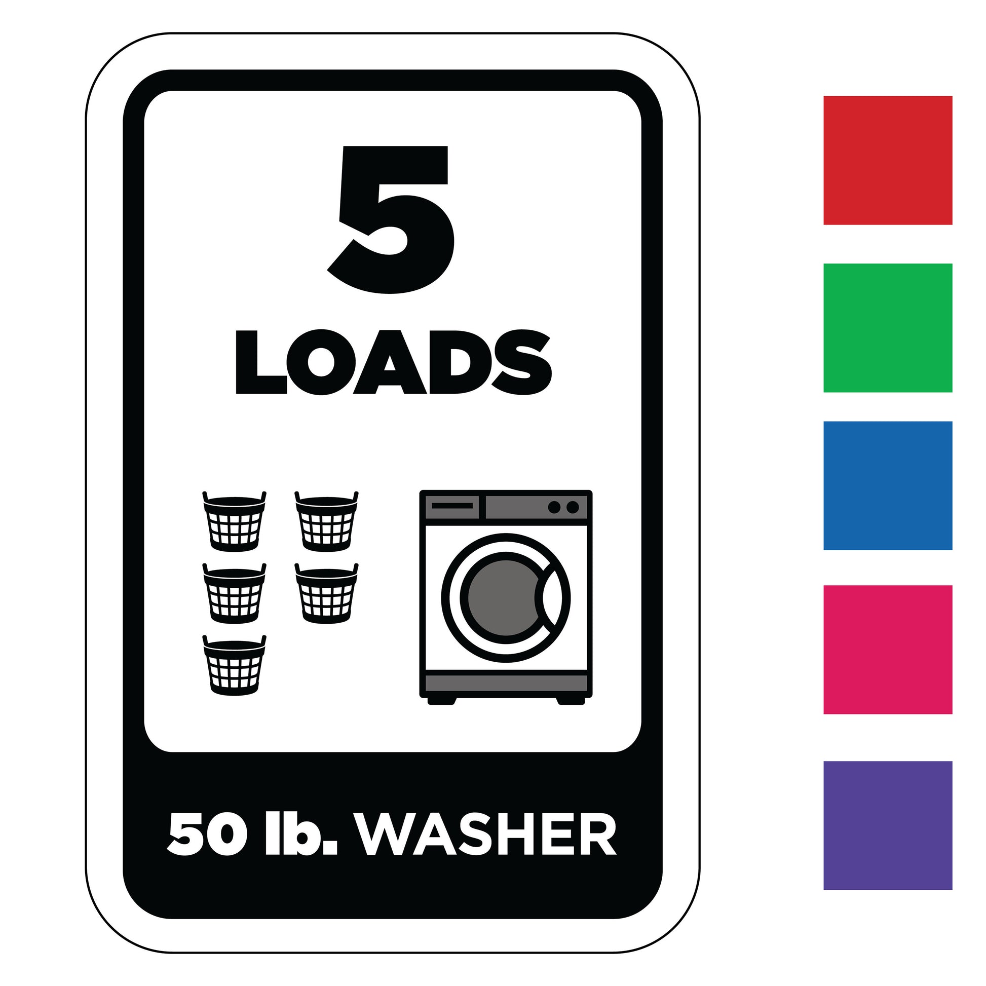 5 load washing machine load indicator decal with icons and text on a white background. Available in 6 color options.