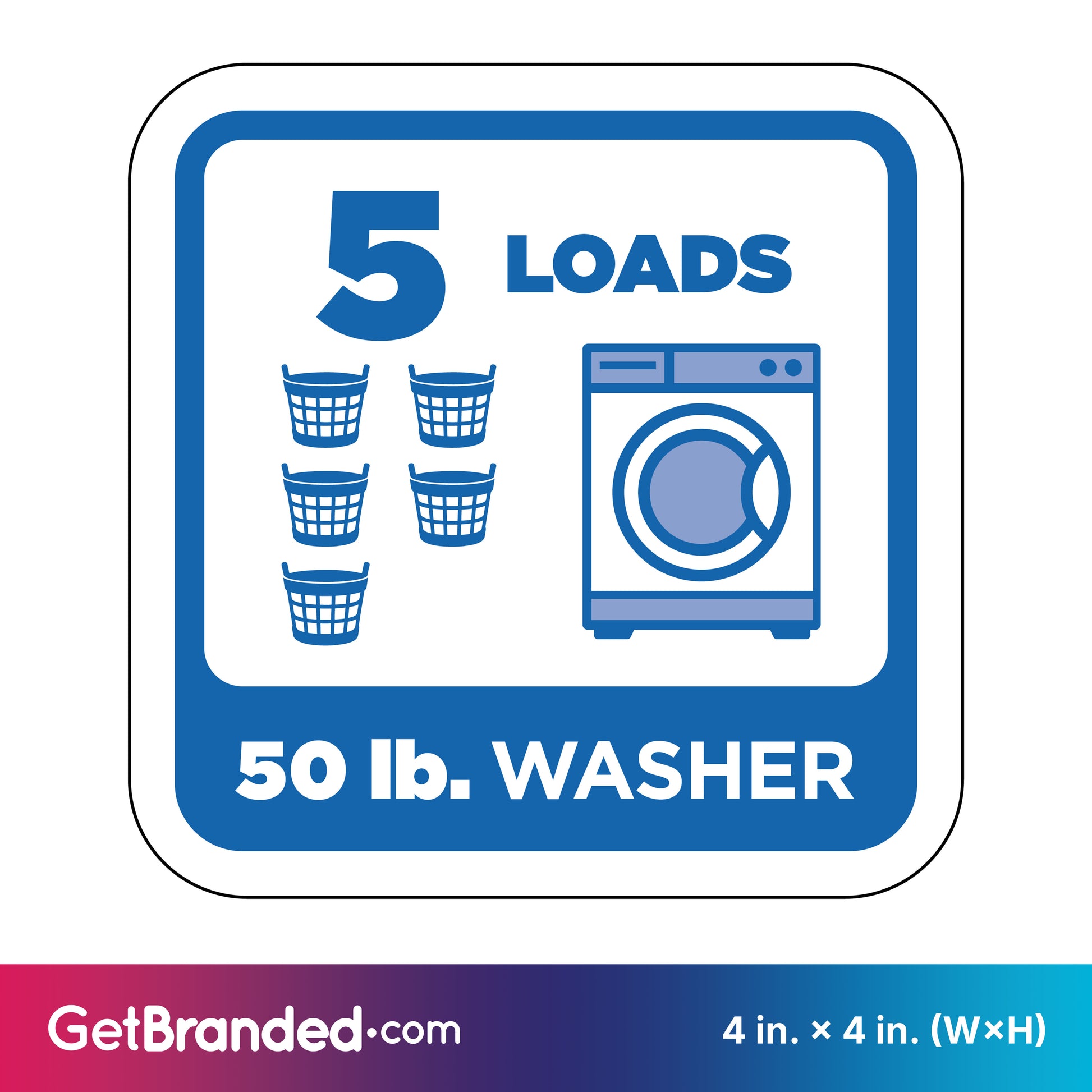 Decal indicating 5 loads for a 50 lb. washer in blue on a white background