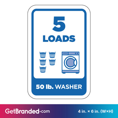 Washing machine load indicator sign with '5 LOADS' and '50 lb. WASHER' text, featuring icons of washing machines and loads in blue on a white background.