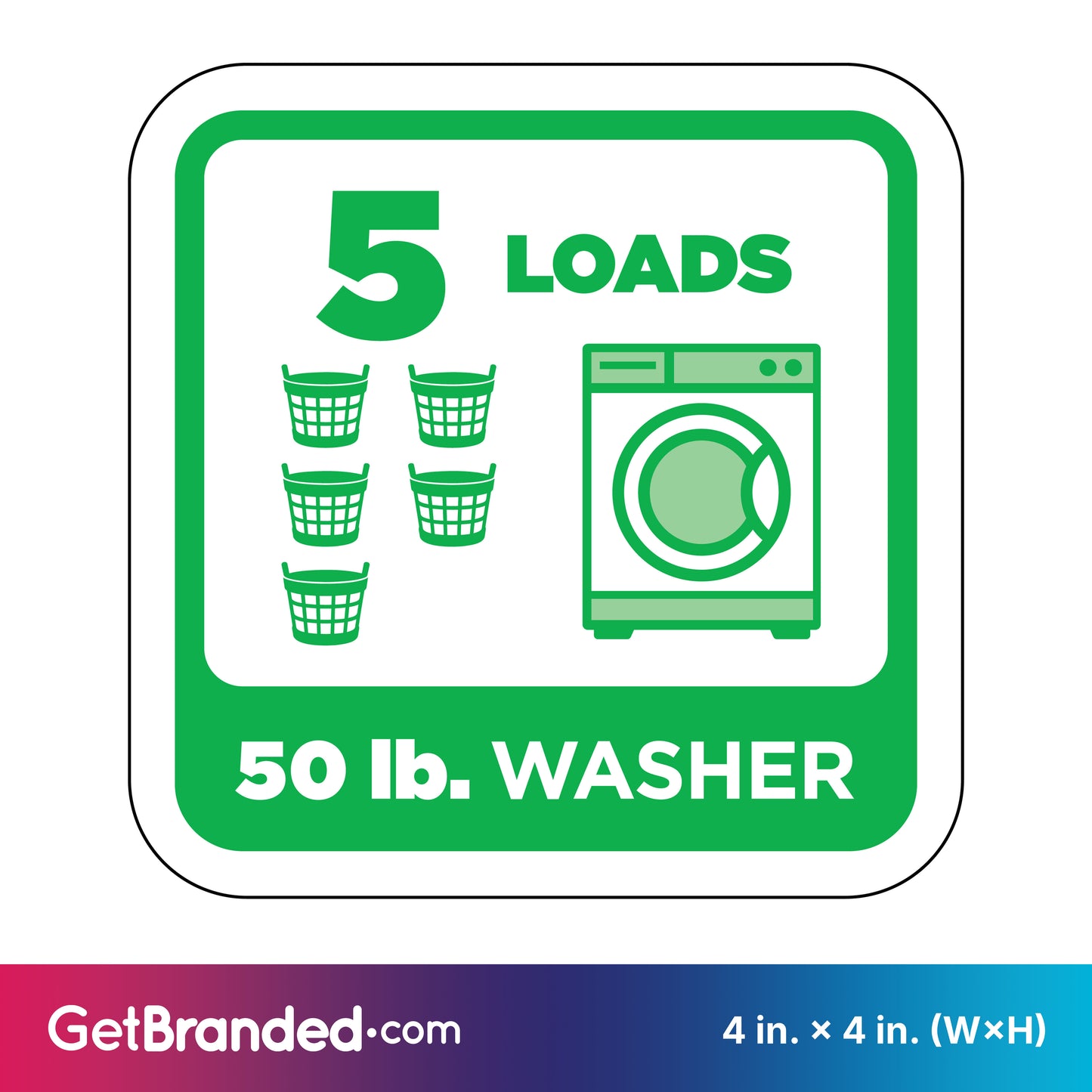 Decal indicating 5 loads for a 50 lb. washer in green on a white background
