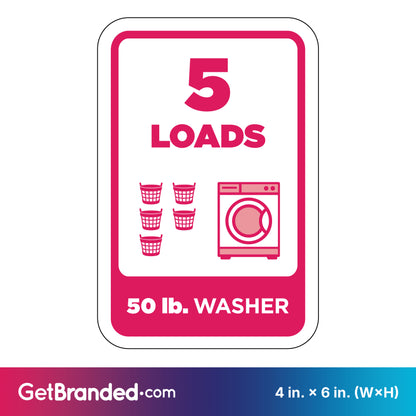 Washing machine load indicator sign with '5 LOADS' and '50 lb. WASHER' text, featuring icons of washing machines and loads in magenta on a white background.