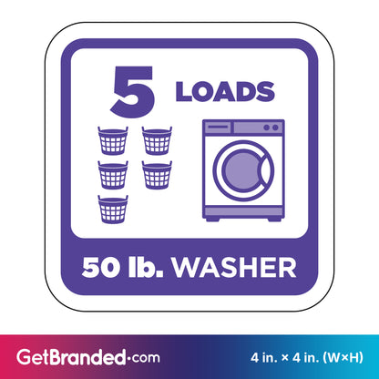 Decal indicating 5 loads for a 50 lb. washer in purple on a white background