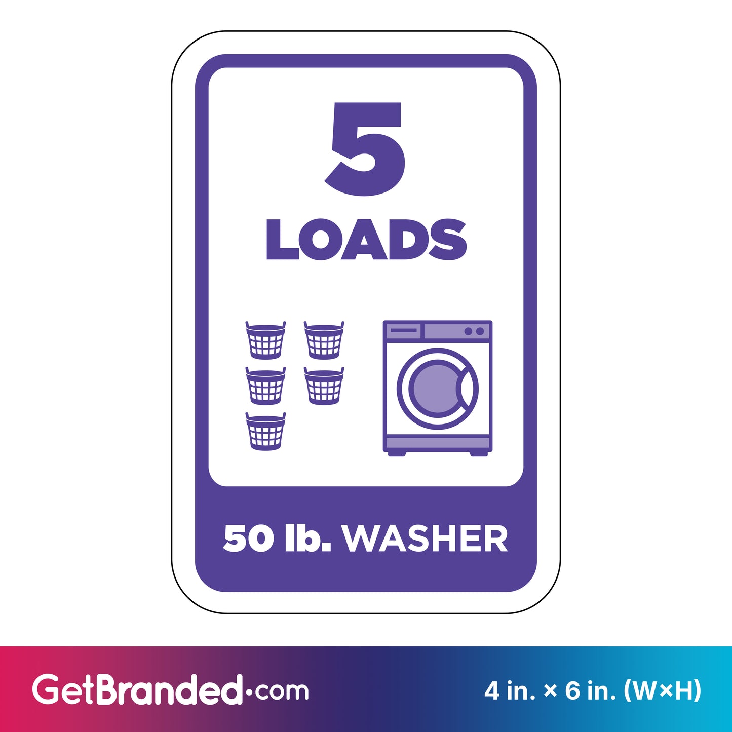 Washing machine load indicator sign with '5 LOADS' and '50 lb. WASHER' text, featuring icons of washing machines and loads in purple on a white background.