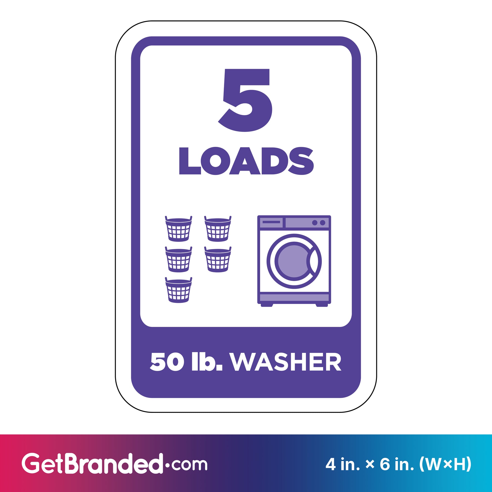 Washing machine load indicator sign with '5 LOADS' and '50 lb. WASHER' text, featuring icons of washing machines and loads in purple on a white background.