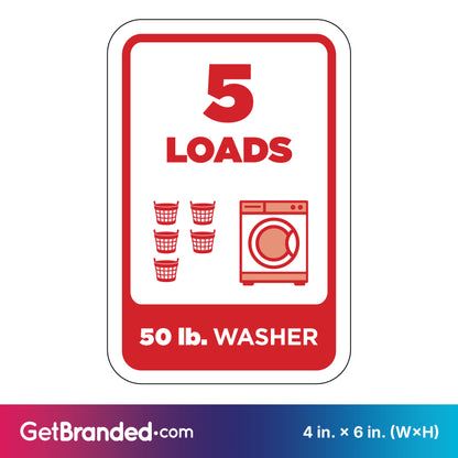 Washing machine load indicator sign with '5 LOADS' and '50 lb. WASHER' text, featuring icons of washing machines and loads in red on a white background.