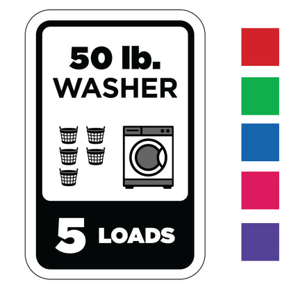 Label indicating a 50 lb. washer capacity with an icon of a washing machine and five laundry baskets, and 6 color swatches.