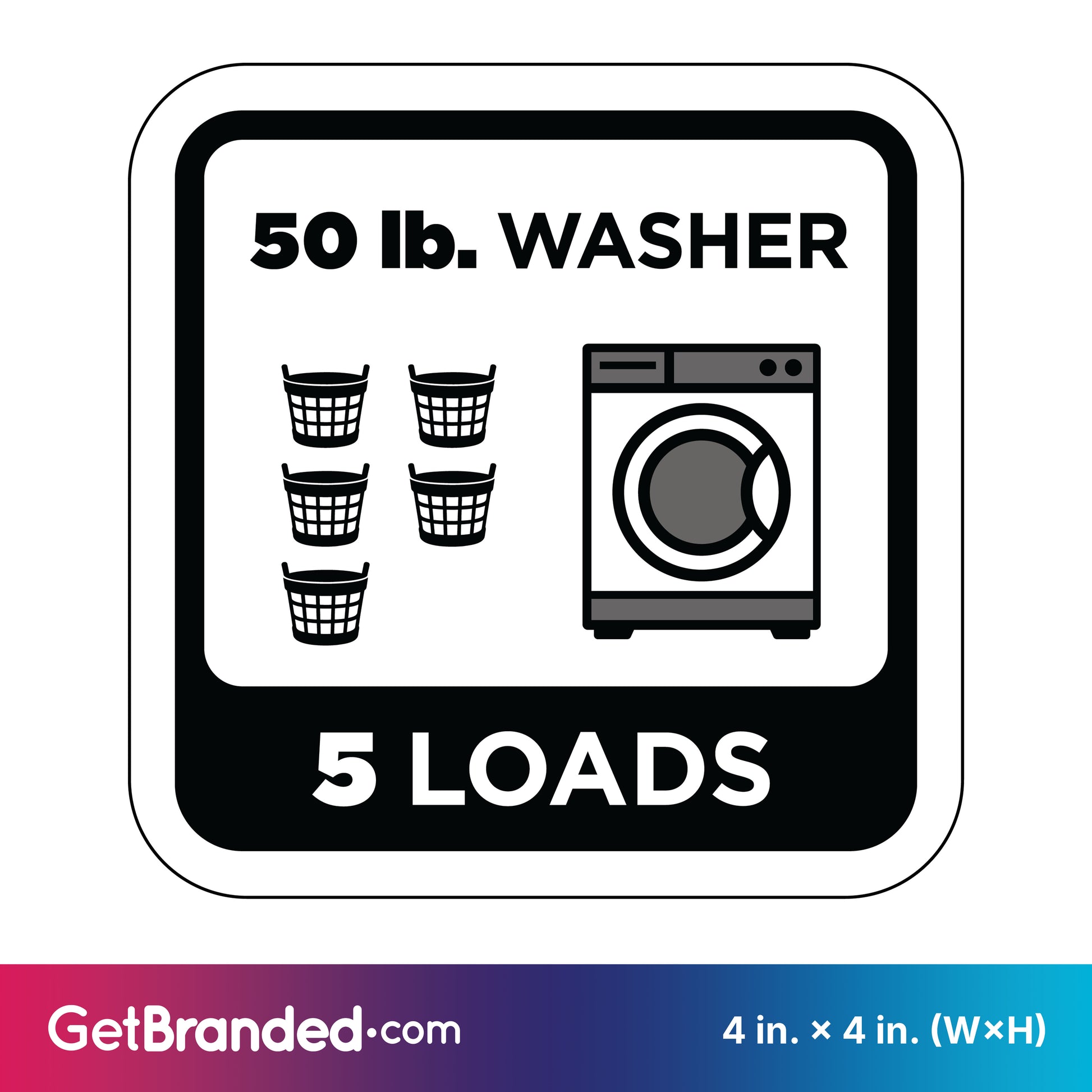 Decal indicating a 50 lb. washer capacity for 5 loads with black graphics and white background