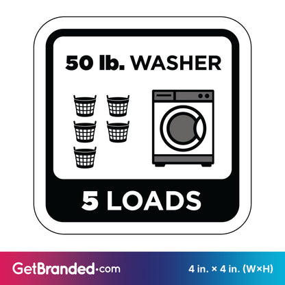 Decal indicating a 50 lb. washer capacity for 5 loads with black graphics and white background