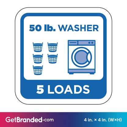 Decal indicating a 50 lb. washer capacity for 5 loads with blue graphics and white background