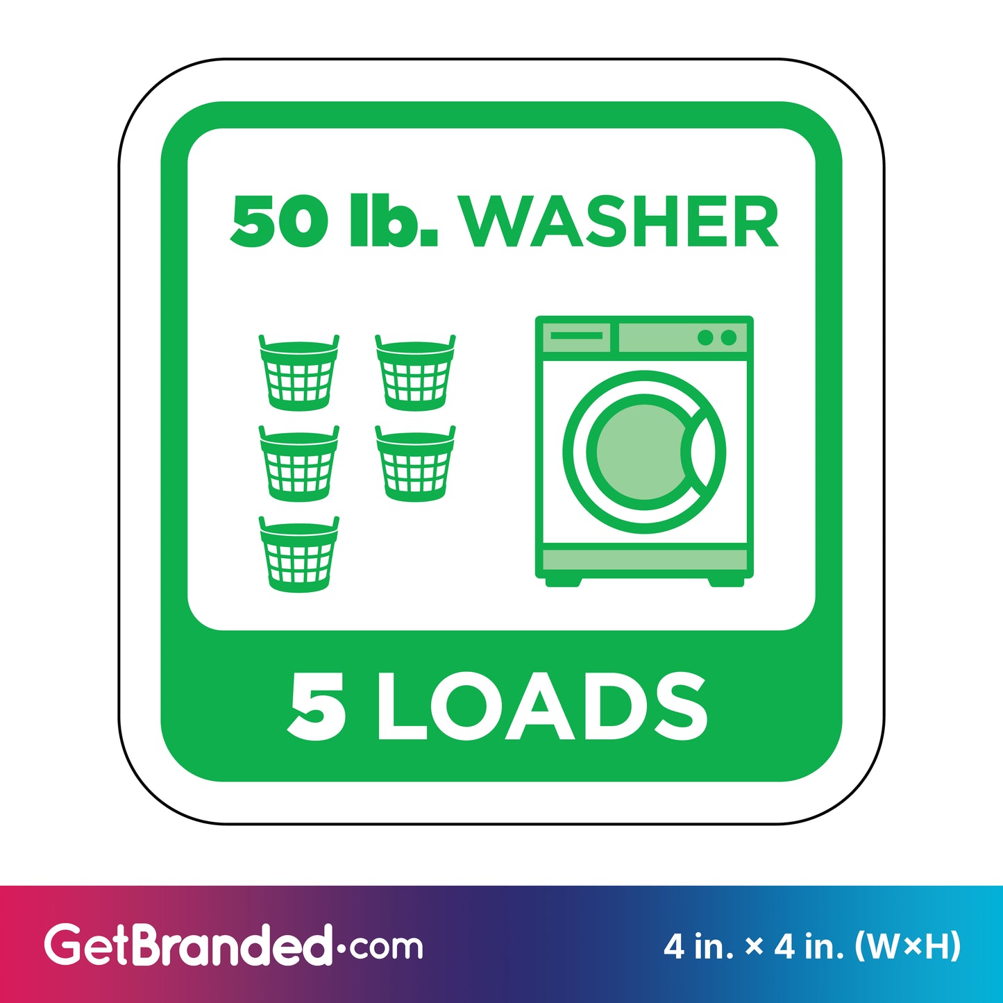 Decal indicating a 50 lb. washer capacity for 5 loads with green graphics and white background