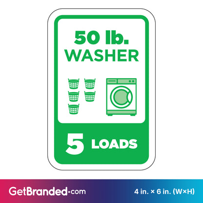 Sign indicating capacity of a 50 lb. washer for 5 loads, with green graphics on a white background