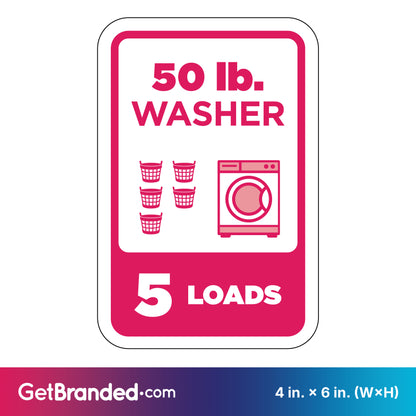 Sign indicating capacity of a 50 lb. washer for 5 loads, with magenta graphics on a white background