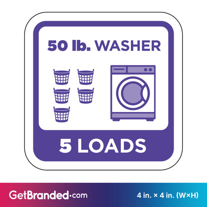 Decal indicating a 50 lb. washer capacity for 5 loads with purple graphics and white background