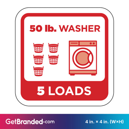 Decal indicating a 50 lb. washer capacity for 5 loads with red graphics and white background