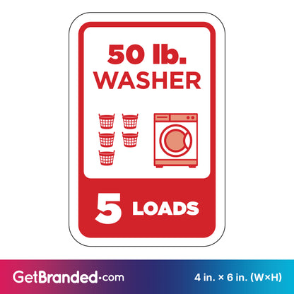 Sign indicating capacity of a 50 lb. washer for 5 loads, with red graphics on a white background