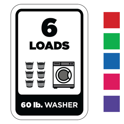 Rectangle washing machine load indicator decal for 6 load washers with icons and text on a white background. Available in 6 color options.