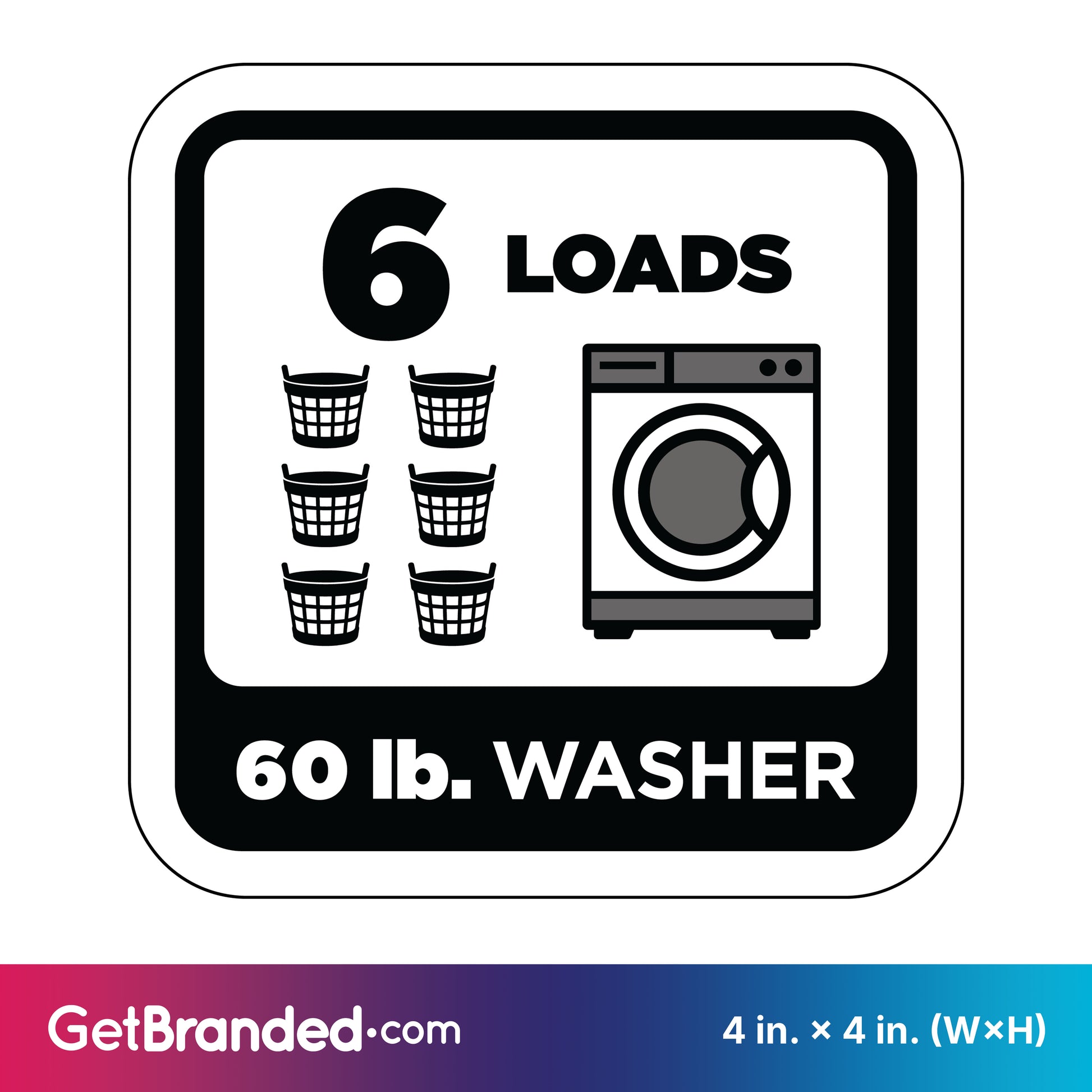 Sticker indicating 6 loads capacity for a 60 lb. washer with black graphics on white background
