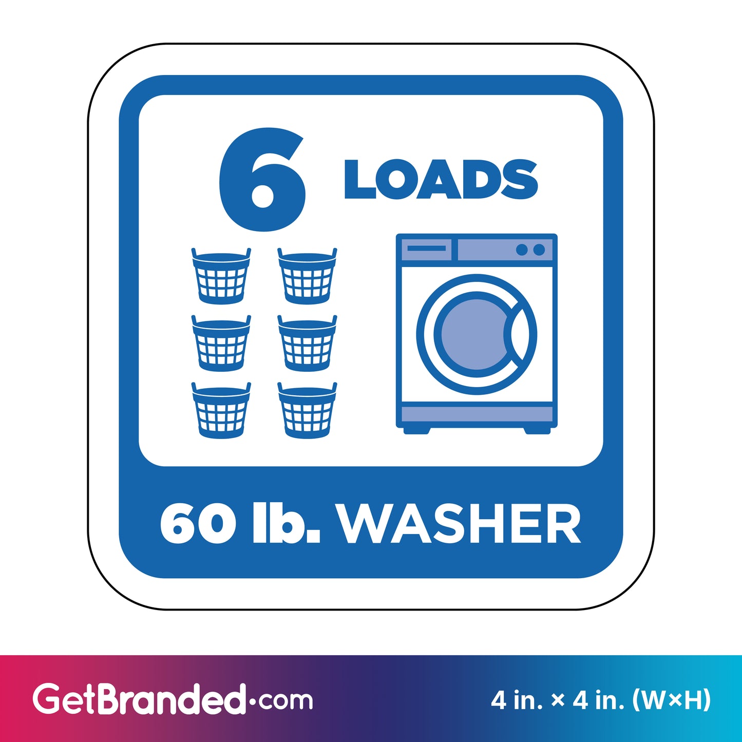 Sticker indicating 6 loads capacity for a 60 lb. washer with blue graphics on white background