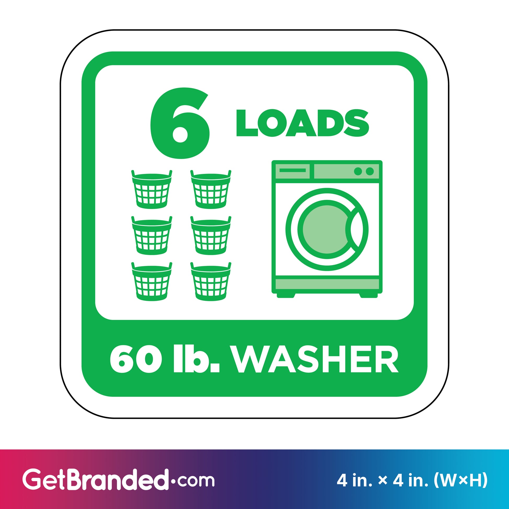 Sticker indicating 6 loads capacity for a 60 lb. washer with green graphics on white background