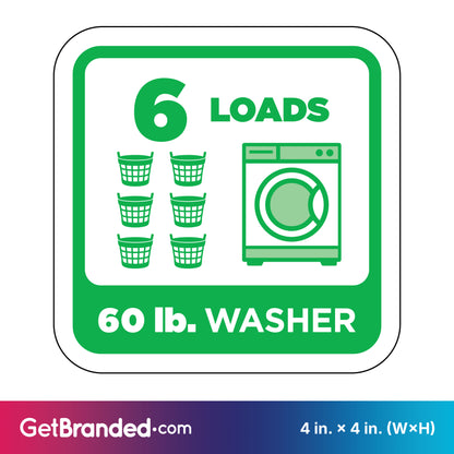 Sticker indicating 6 loads capacity for a 60 lb. washer with green graphics on white background