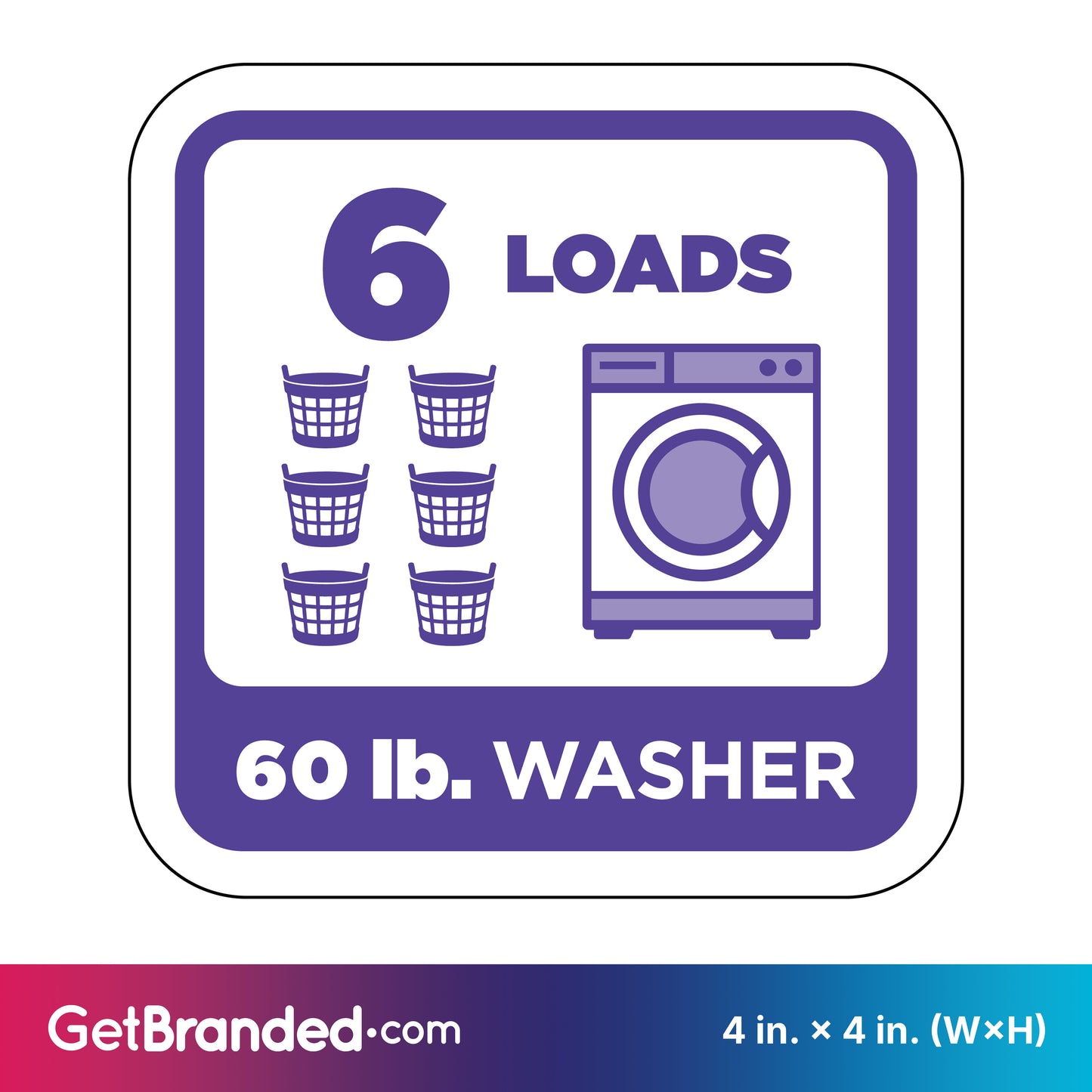 Sticker indicating 6 loads capacity for a 60 lb. washer with purple graphics on white background