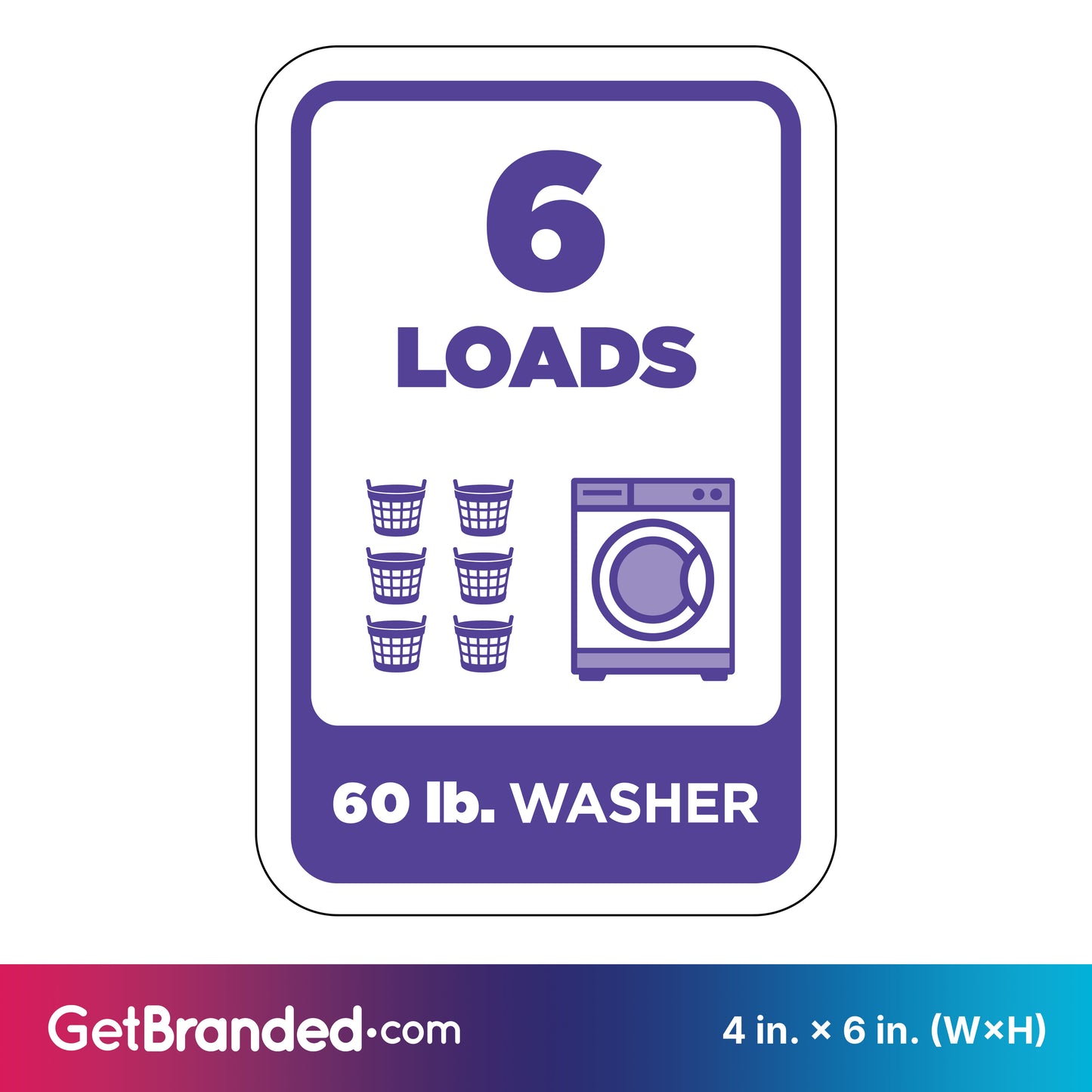 Washing machine load indicator sign with '6 LOADS' and '60 lb. WASHER' text, featuring purple icons of washing machines and baskets.