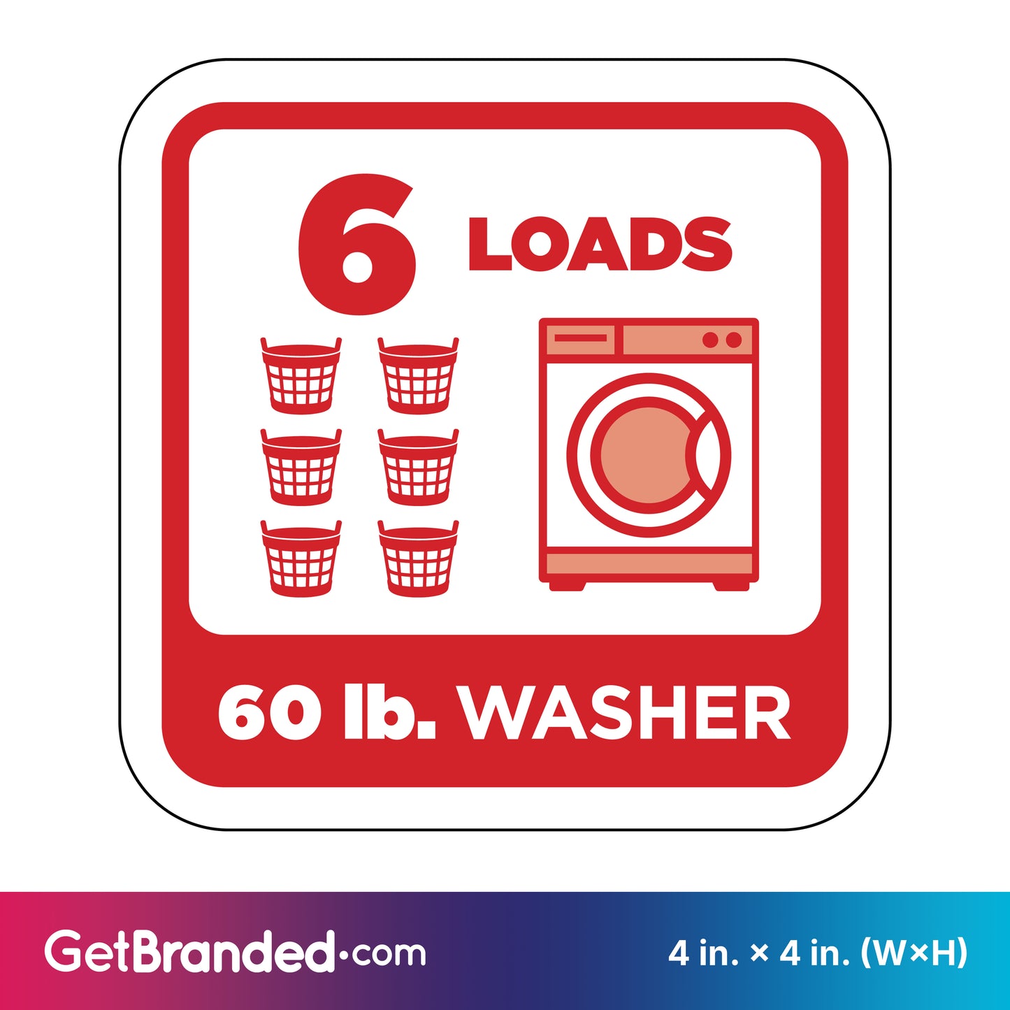 Sticker indicating 6 loads capacity for a 60 lb. washer with red graphics on white background