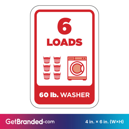 Washing machine load indicator sign with '6 LOADS' and '60 lb. WASHER' text, featuring red icons of washing machines and baskets.