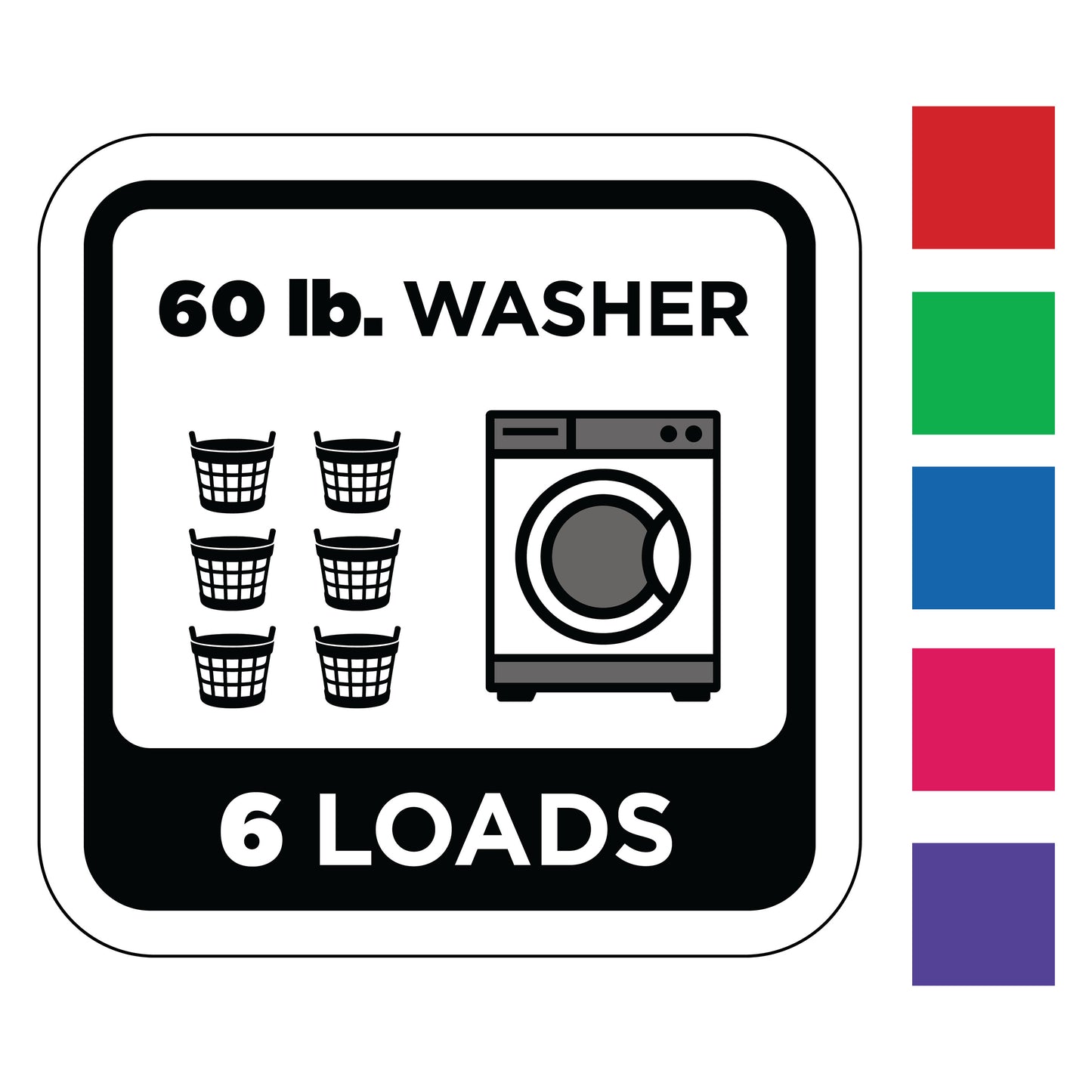 Sticker of a 60 lb. washer with icons for 6 loads and color swatches on a white background