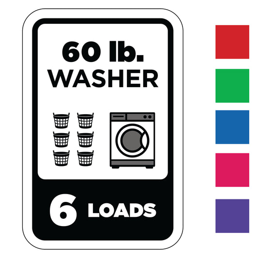 Label indicating a 60 lb. washer capacity with an icon of a washing machine and laundry baskets, along with 6 color swatches.