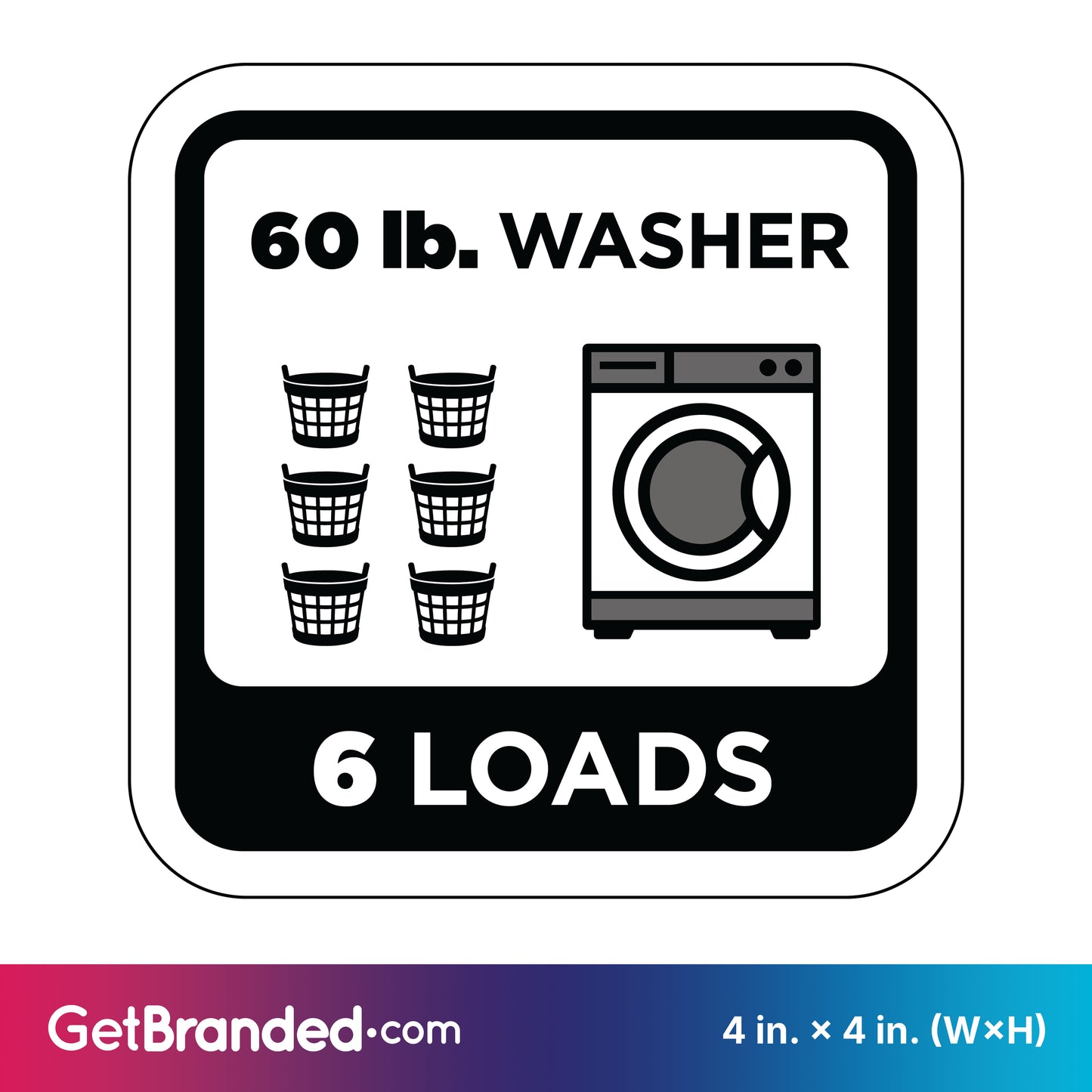 Sticker showing a 60 lb. washer capacity with six loads indicated, featuring black graphics on a white background
