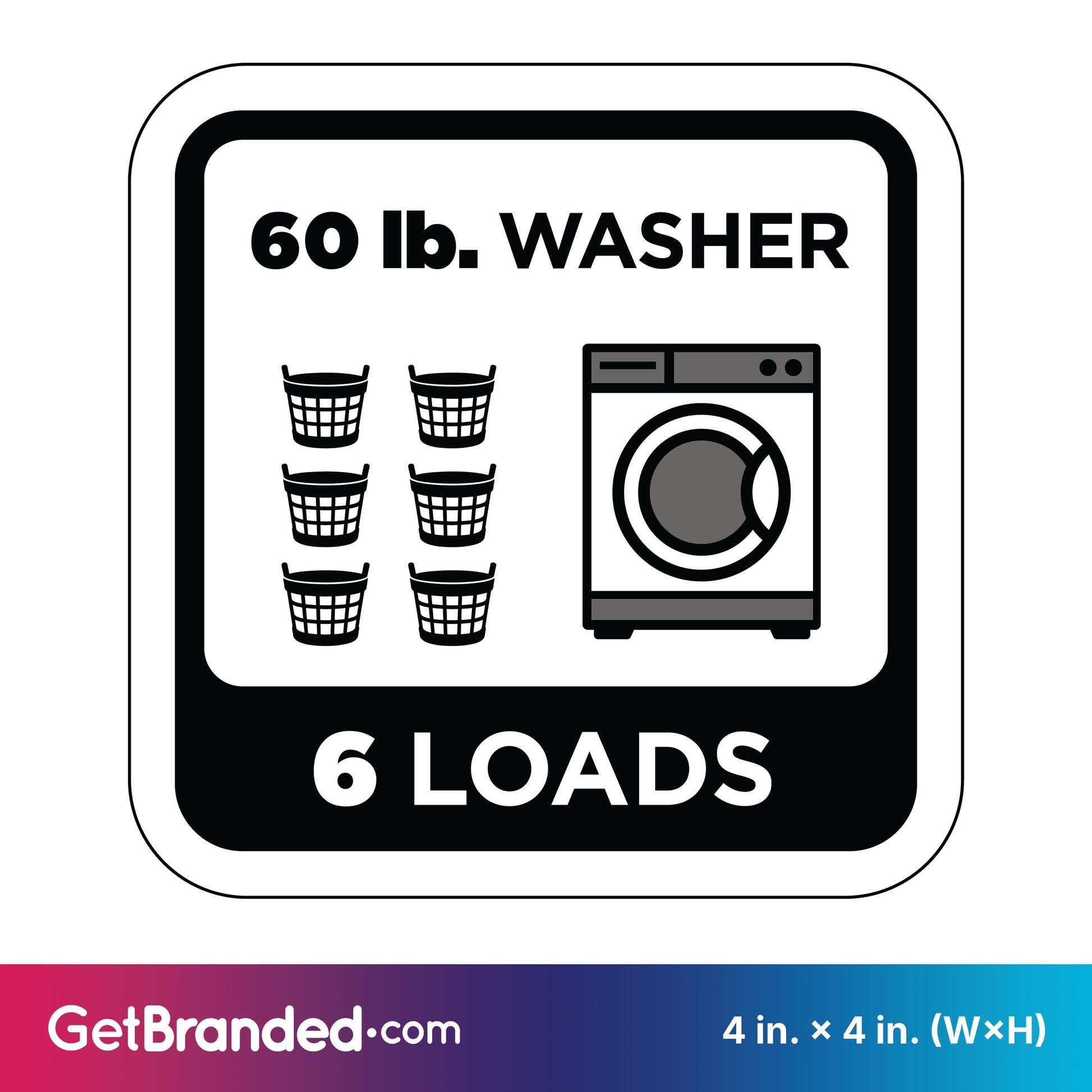 Sticker showing a 60 lb. washer capacity with six loads indicated, featuring black graphics on a white background