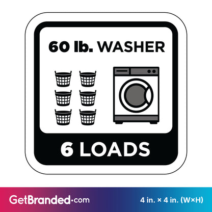 Sticker showing a 60 lb. washer capacity with six loads indicated, featuring black graphics on a white background
