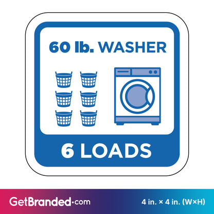Sticker showing a 60 lb. washer capacity with six loads indicated, featuring blue graphics on a white background