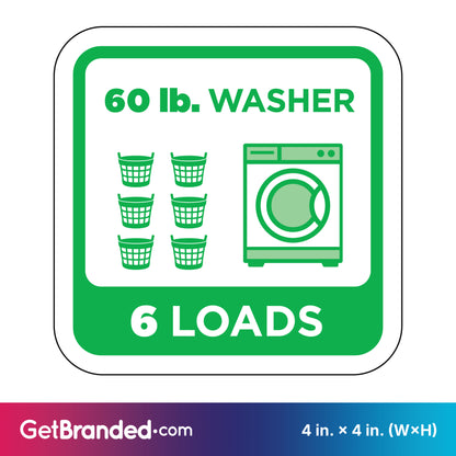 Sticker showing a 60 lb. washer capacity with six loads indicated, featuring green graphics on a white background