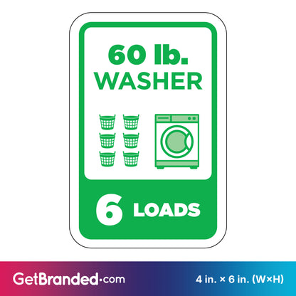 Sign indicating capacity of a 60 lb. washer for 6 loads, with green graphics and text on a white background