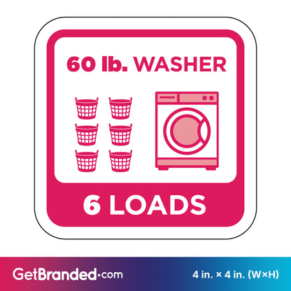 Sticker showing a 60 lb. washer capacity with six loads indicated, featuring magenta graphics on a white background