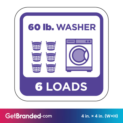 Sticker showing a 60 lb. washer capacity with six loads indicated, featuring purple graphics on a white background