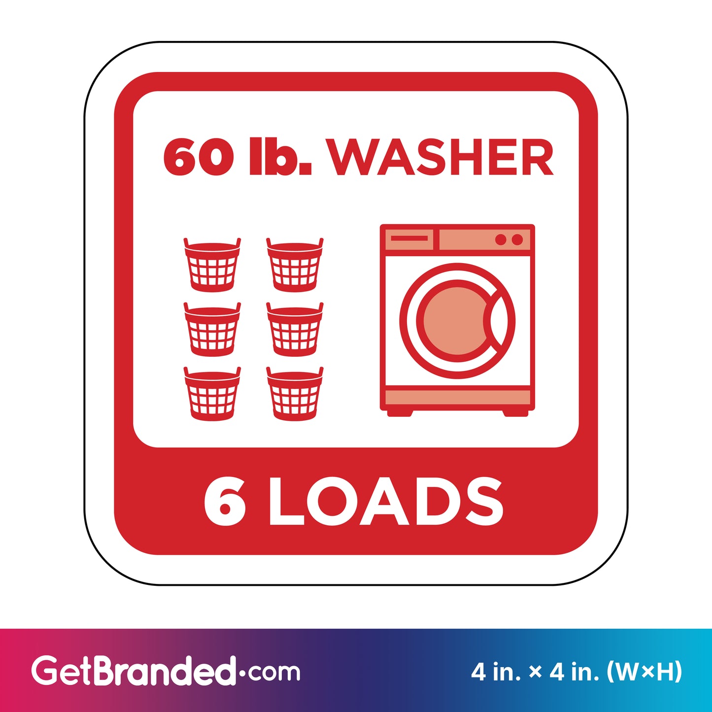 Sticker showing a 60 lb. washer capacity with six loads indicated, featuring red graphics on a white background