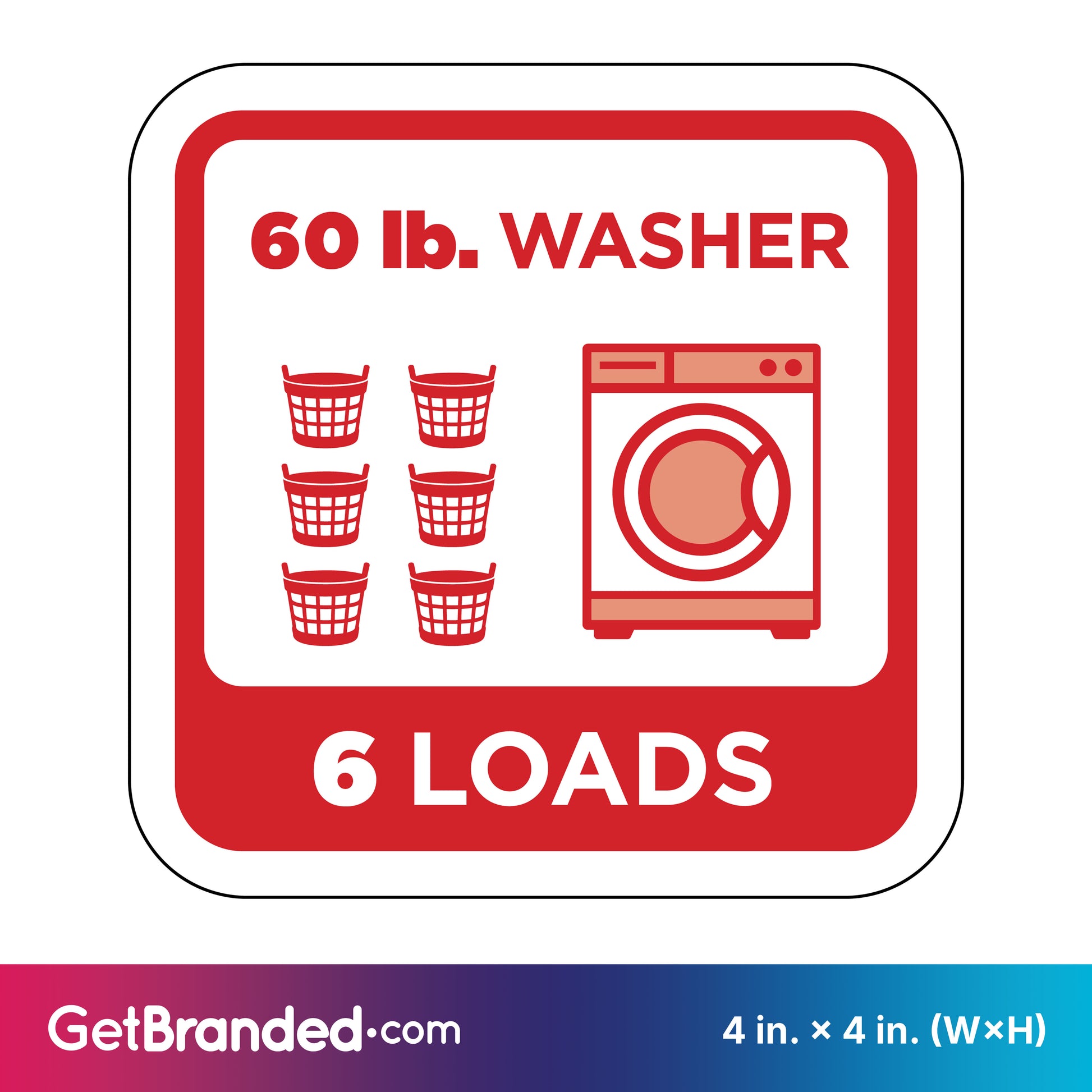Sticker showing a 60 lb. washer capacity with six loads indicated, featuring red graphics on a white background